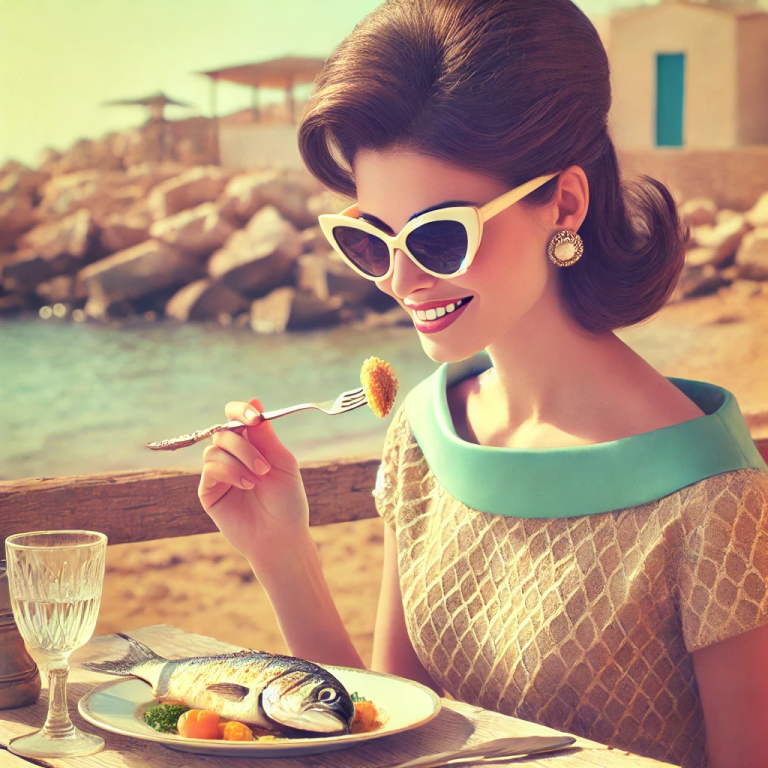 Donna che gusta un buon pesce in riva al mere delle isole Eolie