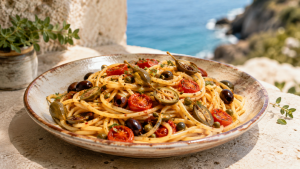 Pasta alla cucunciata con cucunci, pomodorini e olive