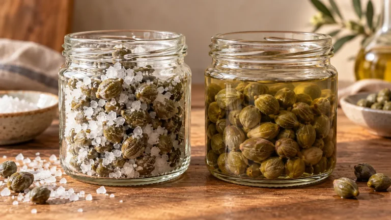 Vasetti di capperi conservati sotto sale e sott’aceto