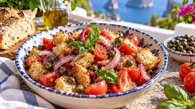 Insalata eoliana con pane tostato, pomodori, cipolla rossa, capperi, olive e basilico servita in una ciotola di ceramica.