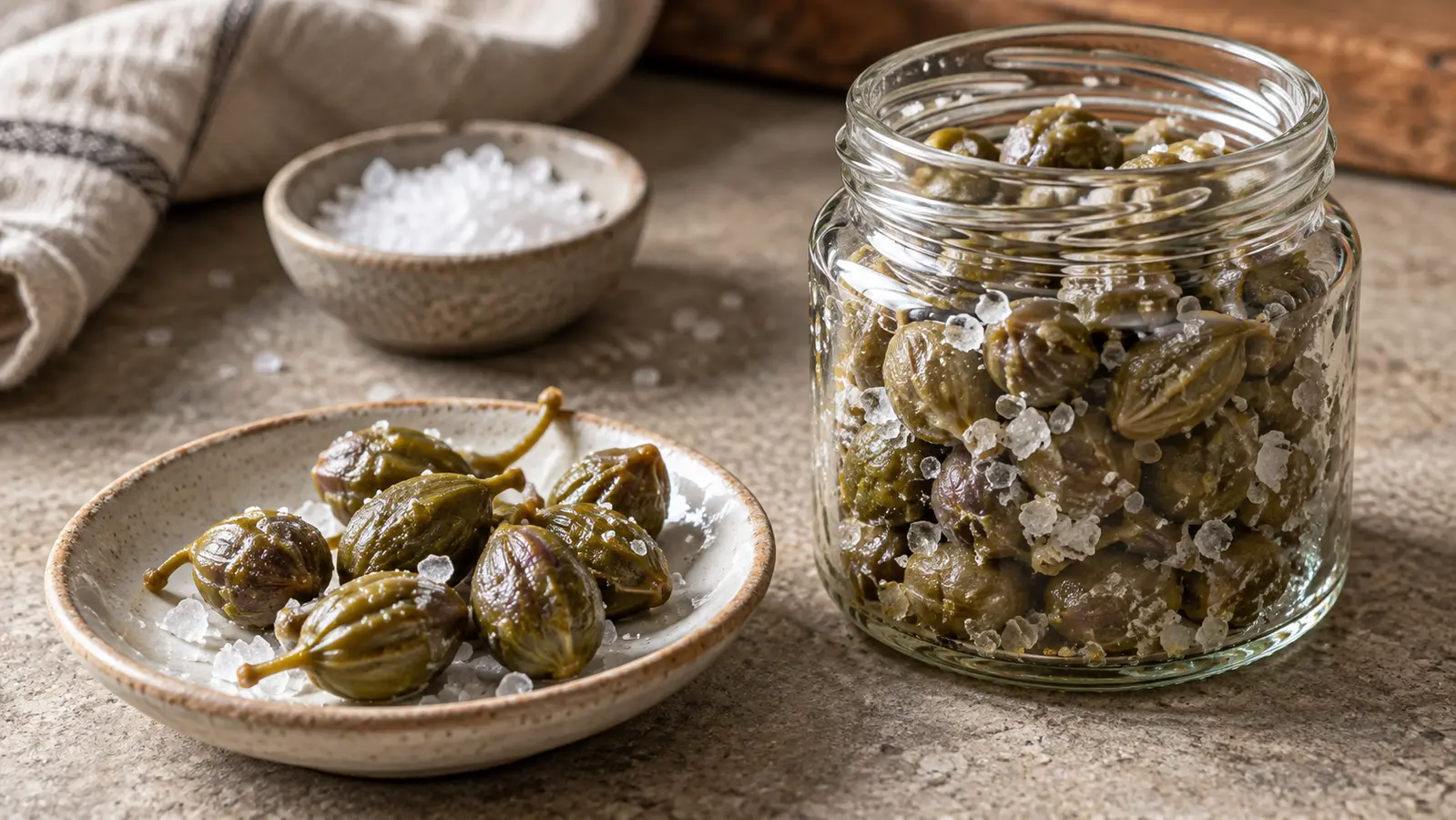 Boccioli di capperi sotto sale in un vasetto aperto e in un piatto