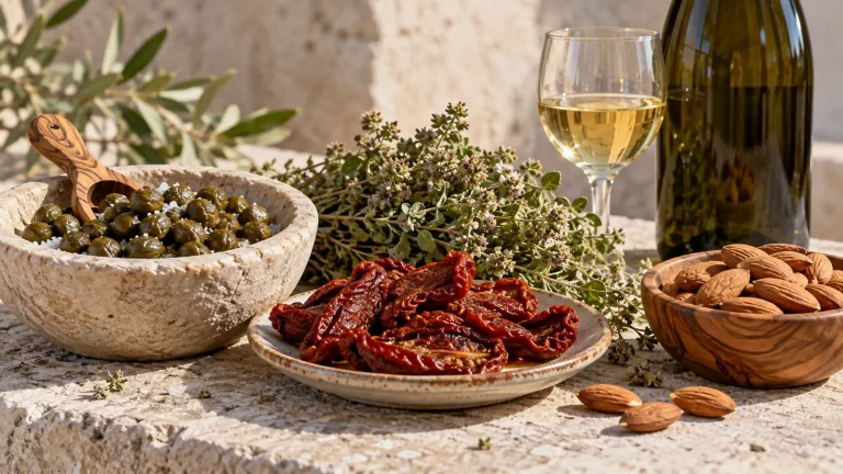 Prodotti tipici di Lipari con capperi, pomodori secchi e mandorle