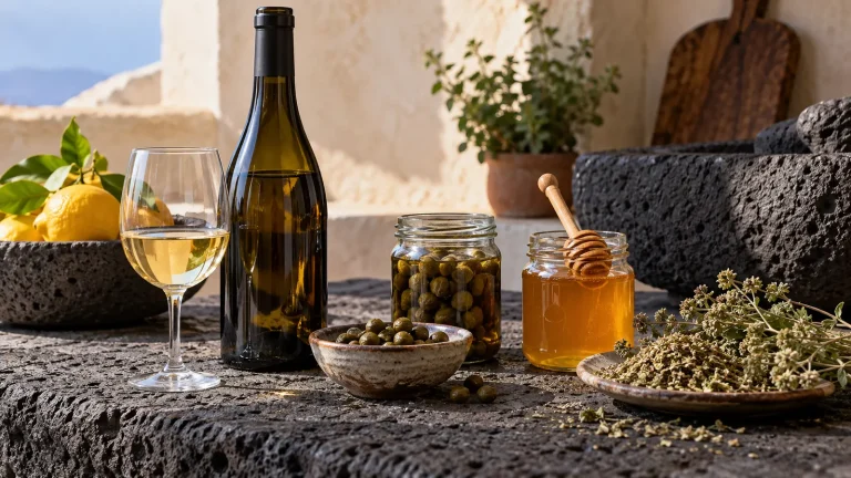 Vino, capperi, miele e origano su un tavolo in pietra