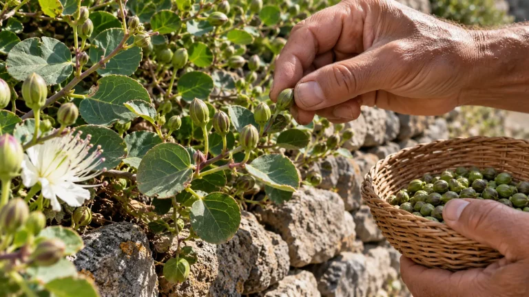 Raccolta manuale dei boccioli di cappero su una pianta di Salina