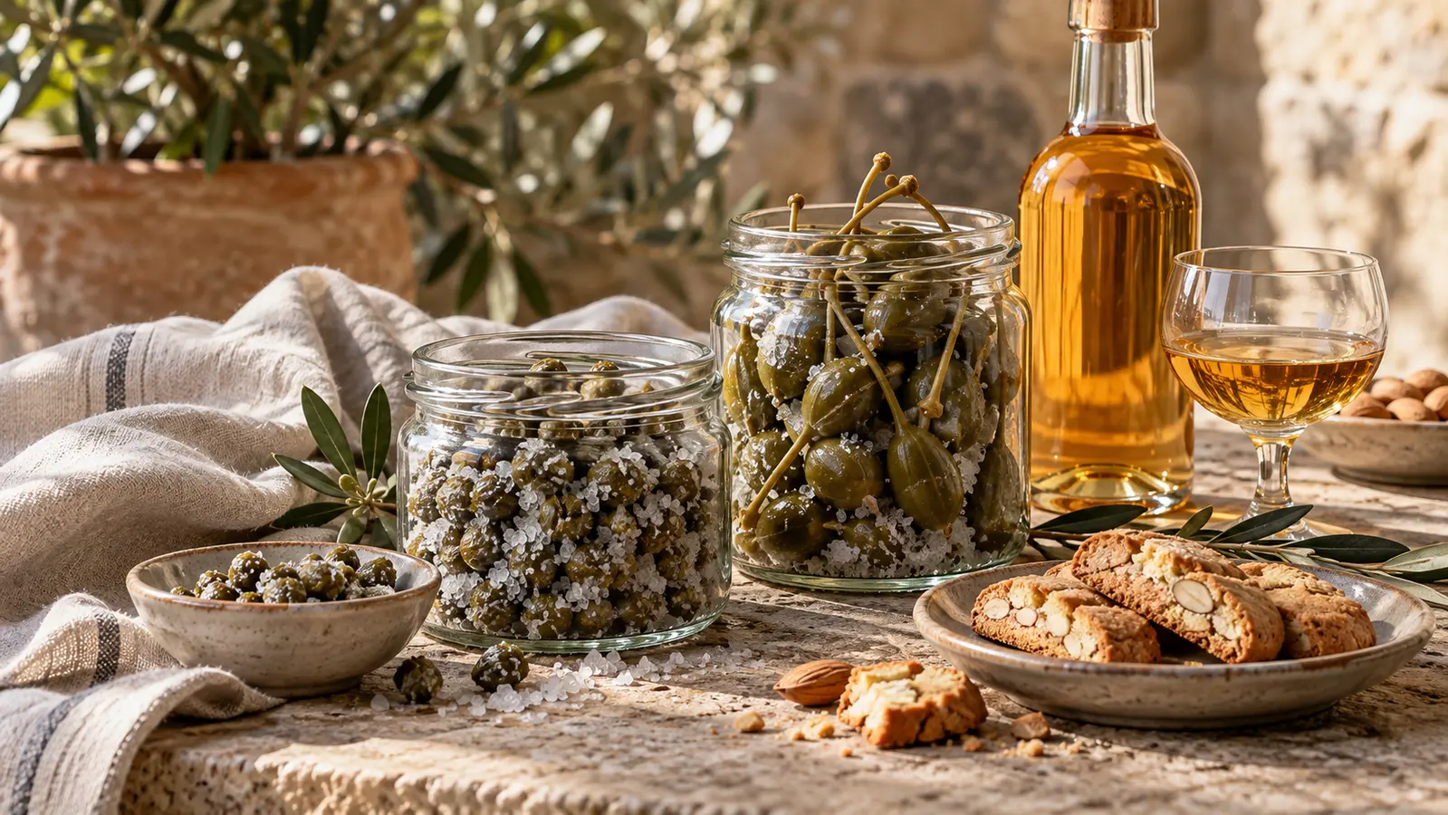 Confezione di prodotti eoliani con capperi, cucunci e Malvasia