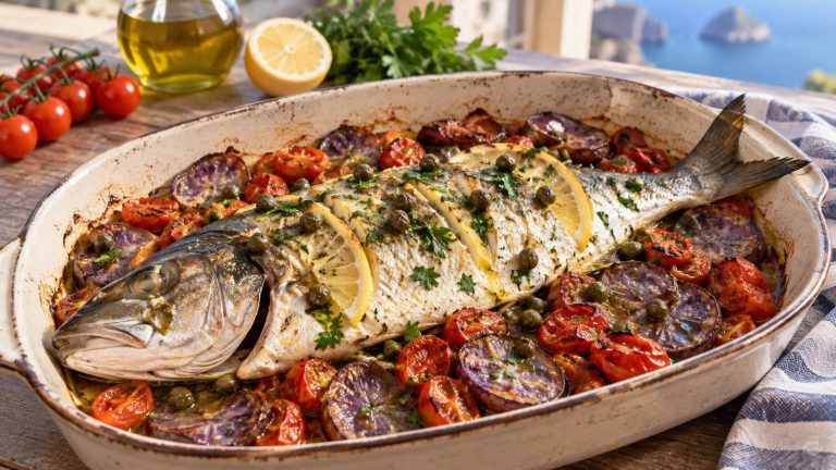 Ricciola al forno con capperi, pomodorini e limone in una pirofila bianca
