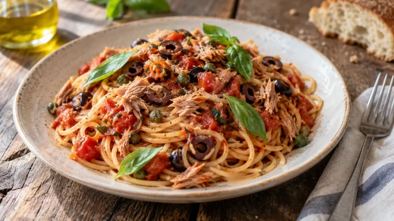 Spaghetti alla strombolana con tonno, capperi e olive