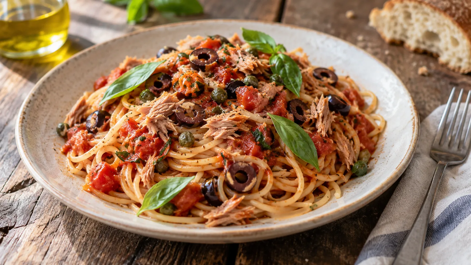 Spaghetti alla strombolana con tonno, capperi e olive