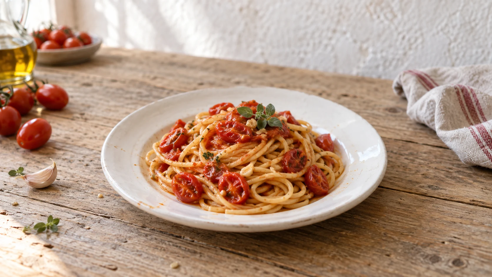 Piatto di spaghetti con piccoli pomodorini rossi, basilico fresco e sugo leggero all’olio extravergine.