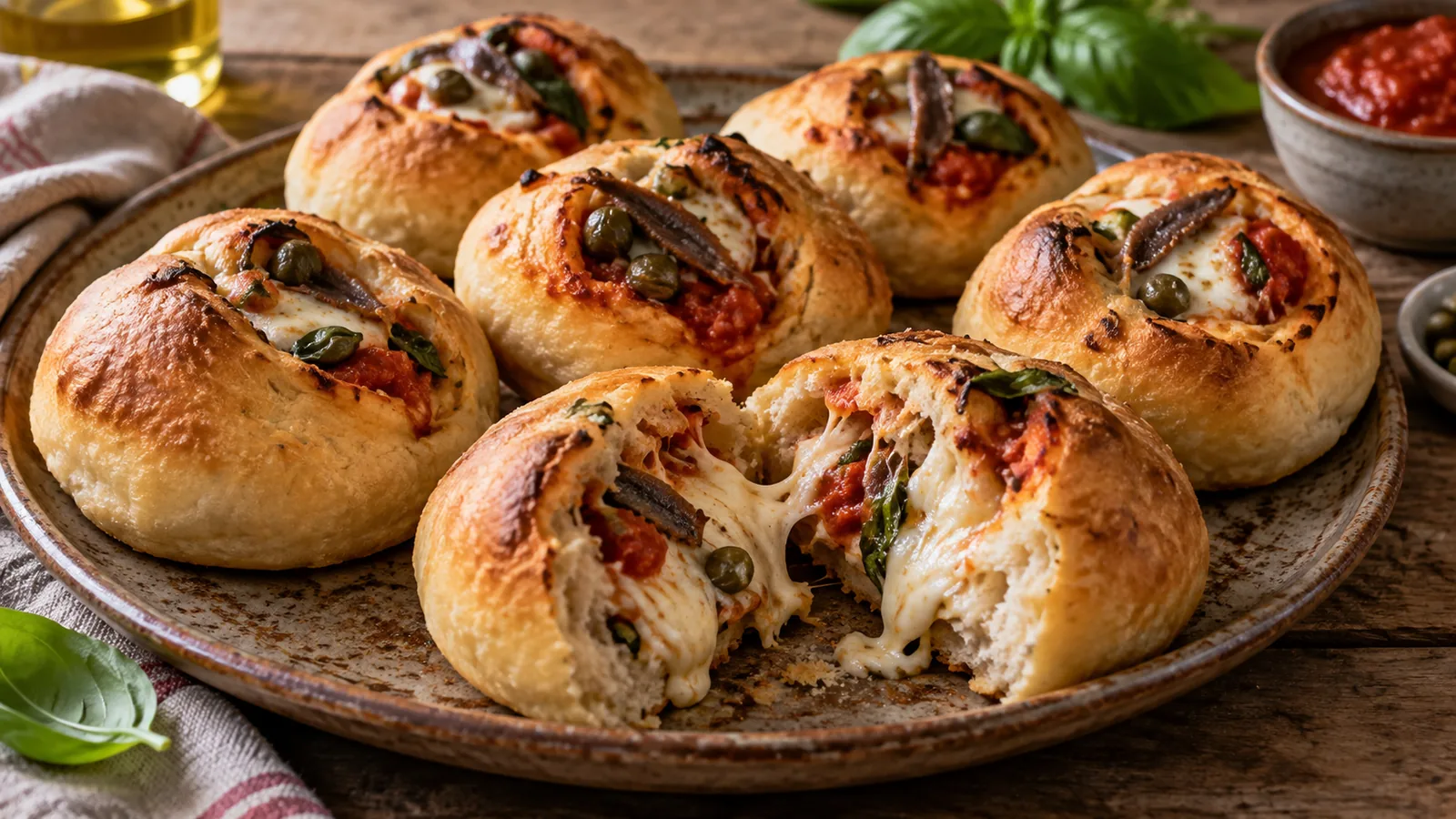 Strombolini ripieni con mozzarella, capperi e acciughe