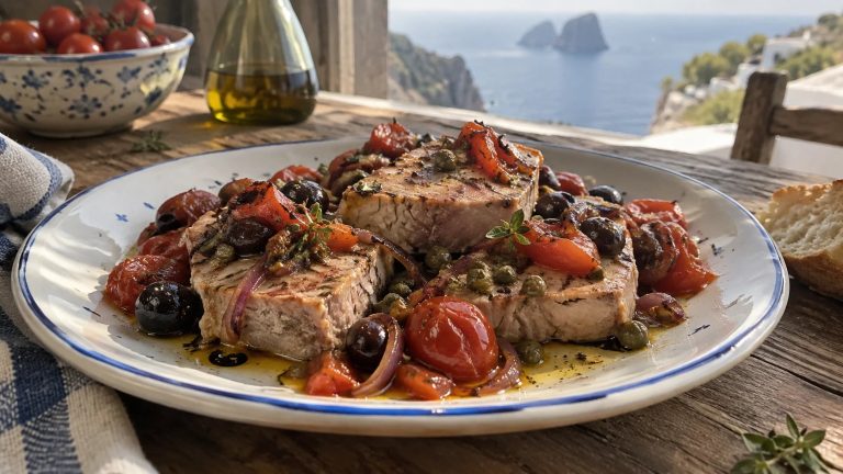 Tranci di tonno con pomodorini, olive, capperi e cipolla rossa serviti in un piatto di ceramica.